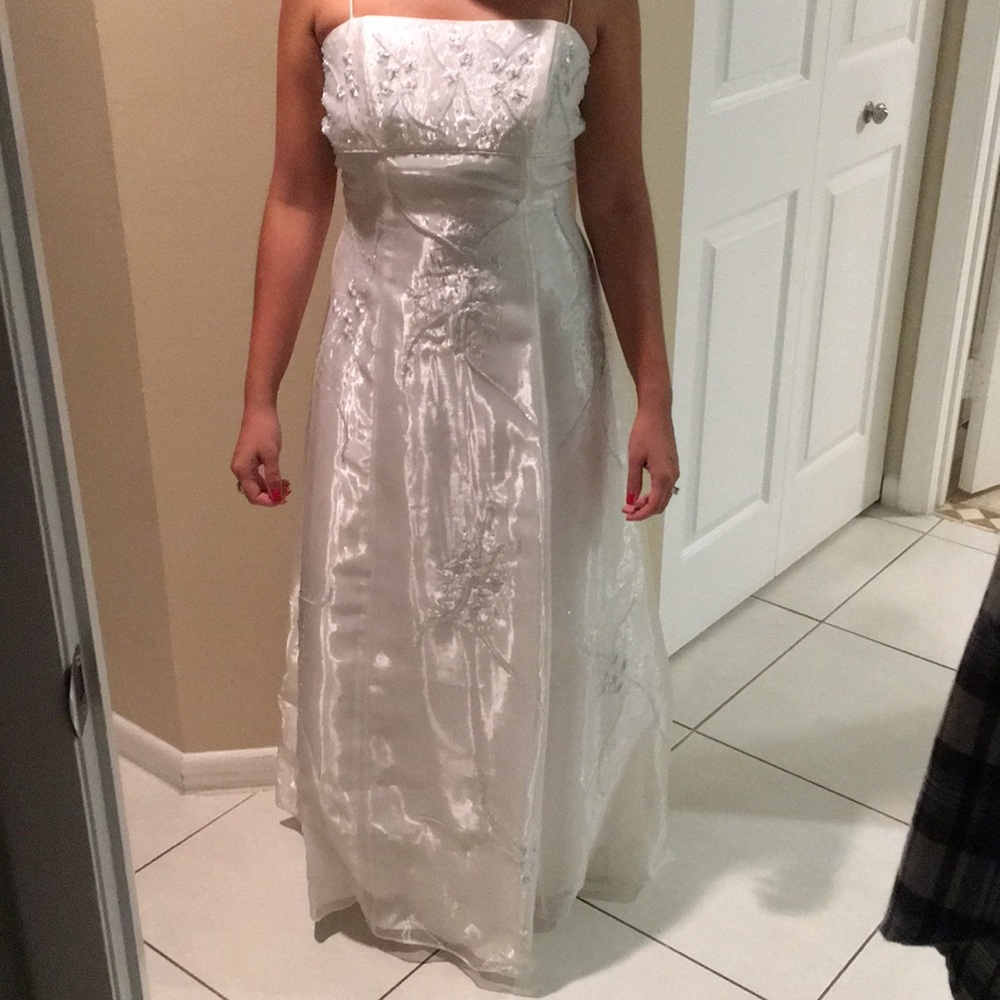 Long white gown with light blue beading!